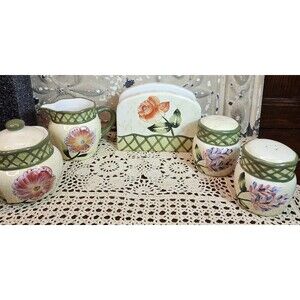 Lynns Earthenware Sugar & Creamer Set Salt & Pepper Shakers Napkin Holder Floral